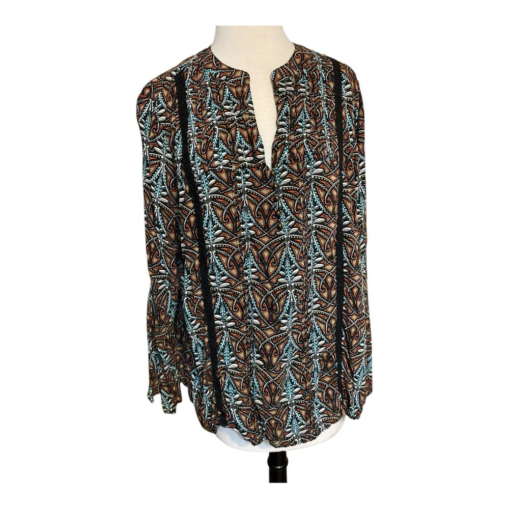 Cato Vibrant Tribal Print Blouse brown black teal bell sleeves Plus 18/20W